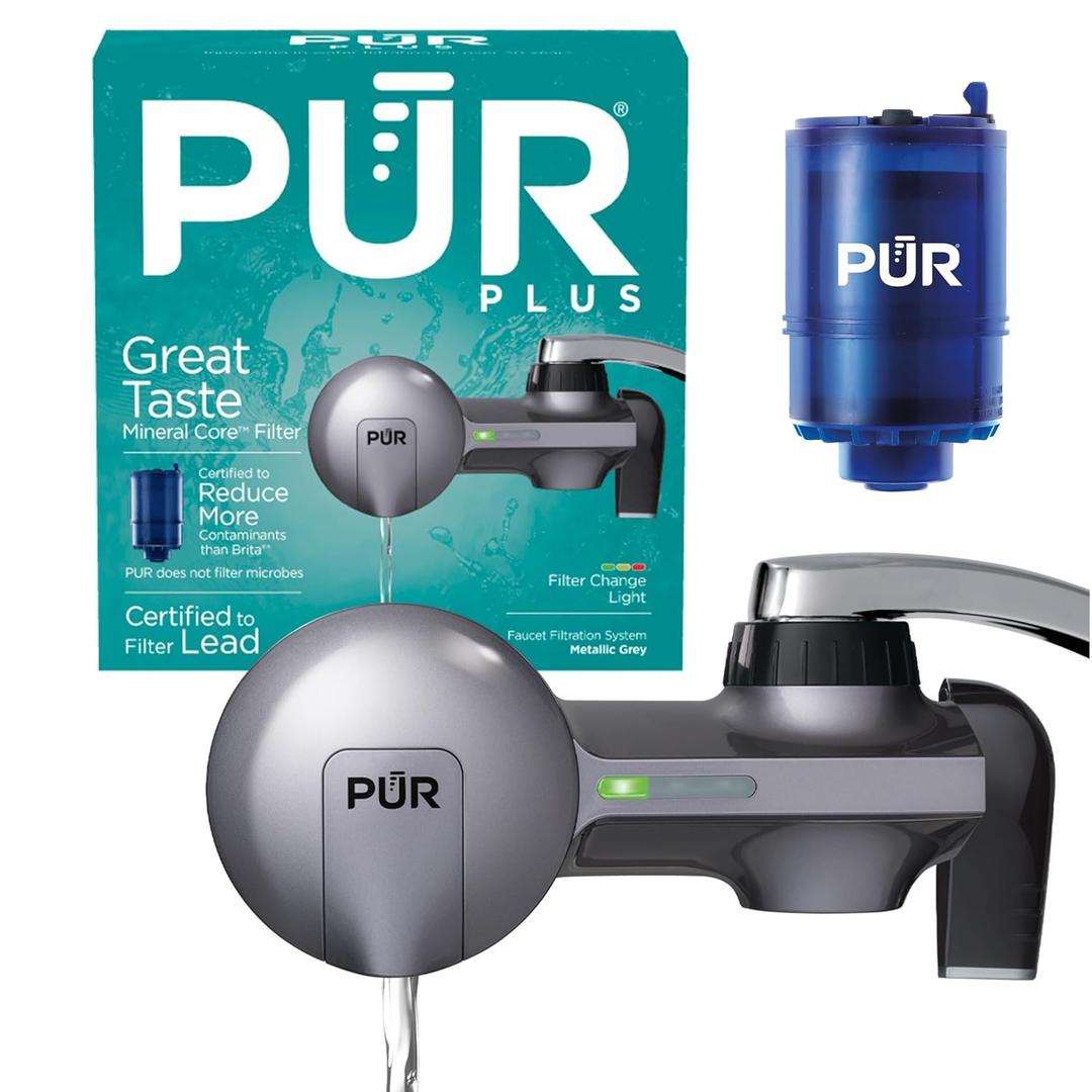 PUR Plus Horizontal Faucet Mount Filtration System with 3-in-1 Lead Reducing Filter, Water Filter for Sink, Lasts 100 Gallons, Compatible with Sinks with External Aerators, Metallic Grey