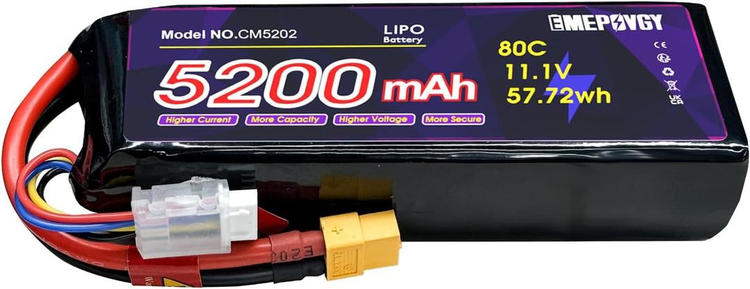 11.1V Lipo Battery 3S 5200mAh 80C Lipos Soft Case with XT60 Connector for RC Car Airplane Helicopter Boat Racing RC Hobby