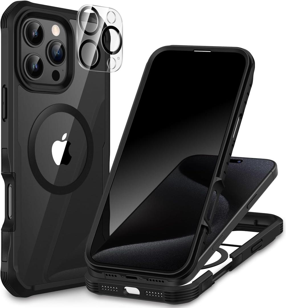 CENHUFO Magnetic Privacy for iPhone 16 Pro Max Case [Compatible with Magsafe] Full Body Phone Case Built-in 9H Tempered Glass Privacy Screen Protector Camera Lens Protector, Shockproof Cover -Black