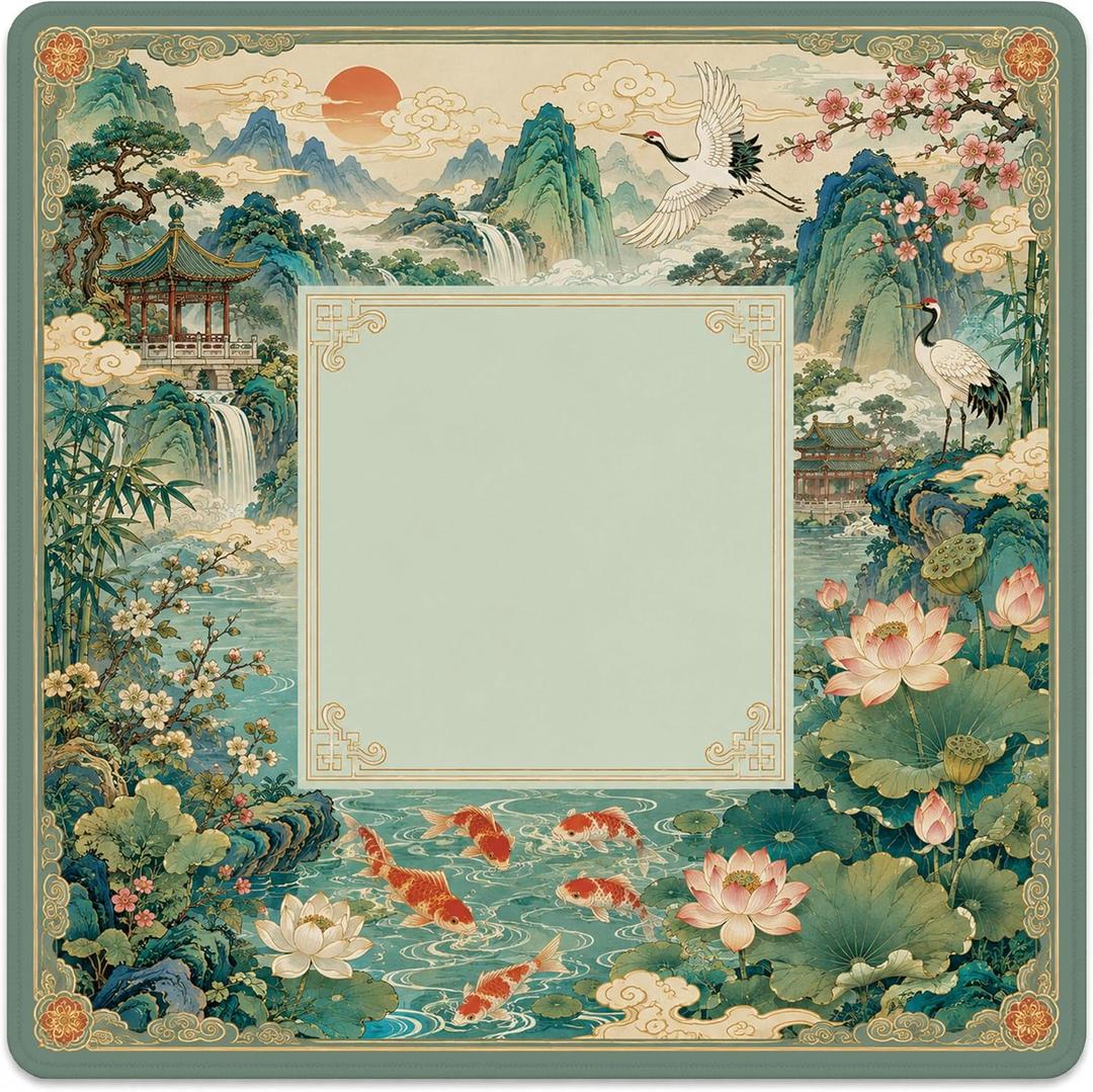 Chinoiserie Crane and Koi American Mahjong Mat for Table, 31.5 x 31.5 Inch