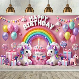 Happy Birthday Banner Unicorn Birthday Backdrop Rainbow Balloons Girls Party Photography Background Unicorn Photo Booth Props Decorations for Kids Newborn Baby Shower Decor