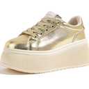 LUCKY STEP Women's Platform Fashion Sneakers Classic Wedge Canvas Casual Low Top Retro Walking Shoes(Gold, 7 US)