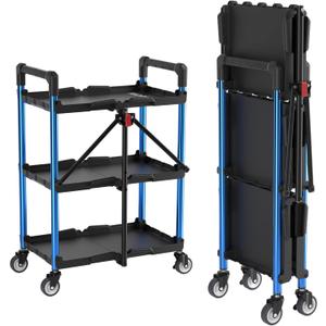 WORKPRO 3-Tier Collapsible Service Cart, 210 LBS Foldable Utility Service Cart with Wheels, Portable Tool Cart for Garage, Warehouse, Home, Restaurant, Office (No Assembly Required)