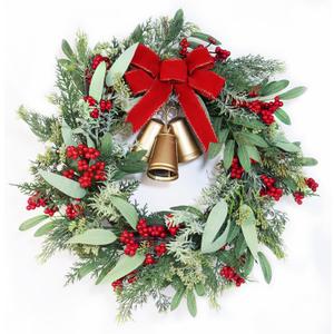 21 Inch Christmas Wreath for Front Door, Artificial Greenery Faux Cedar Wreath with Red Velvet Bow and Vintage Bell, Indoor Outdoor Christmas Decoration for Wall Window Farmhouse Home