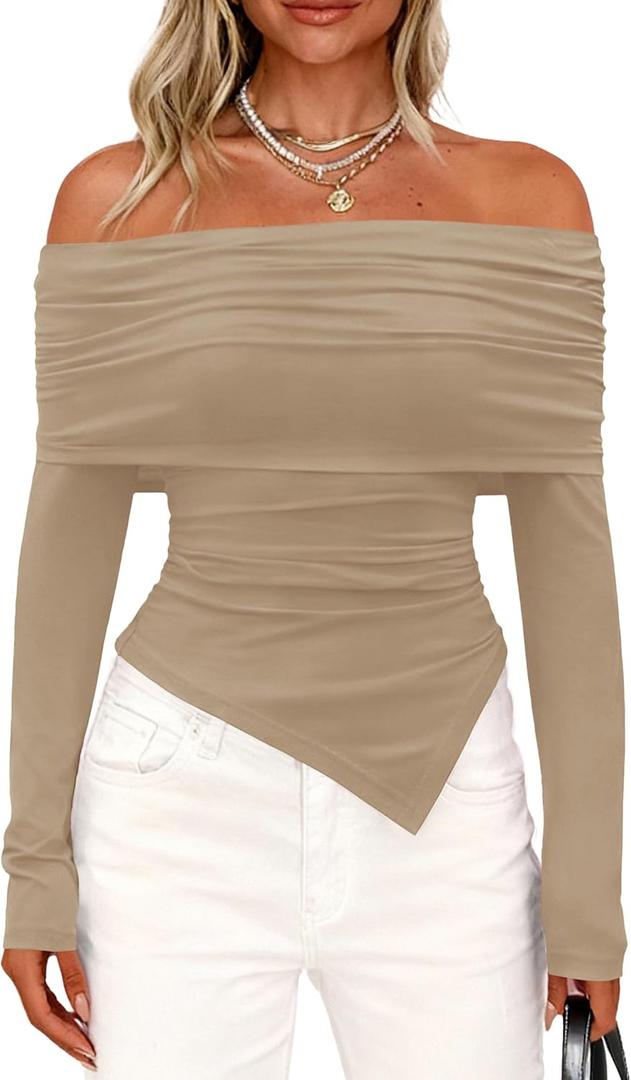 PRETTYGARDEN Women's Off The Shoulder Tops Spring Fashion 2026 Long Sleeve Shirts Going Out Slim Fitted Blouses Fall Clothes (Beige, XS)