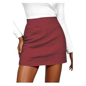 winkbay Women's Houndstooth High Waisted Mini Skirt Elegant Business Casual Skirts Red Large