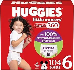 Huggies Size 6 Baby Diapers, Little Movers HuggFit 360° Baby Diapers with 360° Waistband, Size 6 (35+ lbs), 104 Count (2 Packs of 52), Packaging May Vary