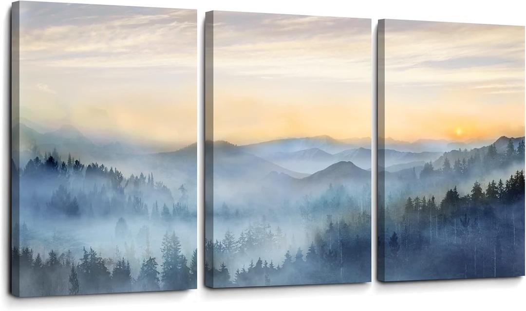 Wall Decor for Bedroom 3 Panel Sunrise Misty Forest Print Picture Paintings Wall Art for Living Room Bathroom Framed Canvas Artwork Modern Room Wall Decorations Size 16x24 x 3 Piece Ready to Hang (Blue)