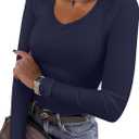 REORIA Womens Long Sleeve Shirts 2025 Fall Trendy Deep V Neck Slim Fit Basic Tops Casual Going Out Top Tee Blouse (Medium)