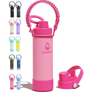 18 oz Insulated Water Bottle with 2 Lids (2-in-1 Straw & Spout Lid, Magnetic Lid), Slim Water Bottle with Strap, Stainless Steel Water Bottle for School, PA-Free, Pink
