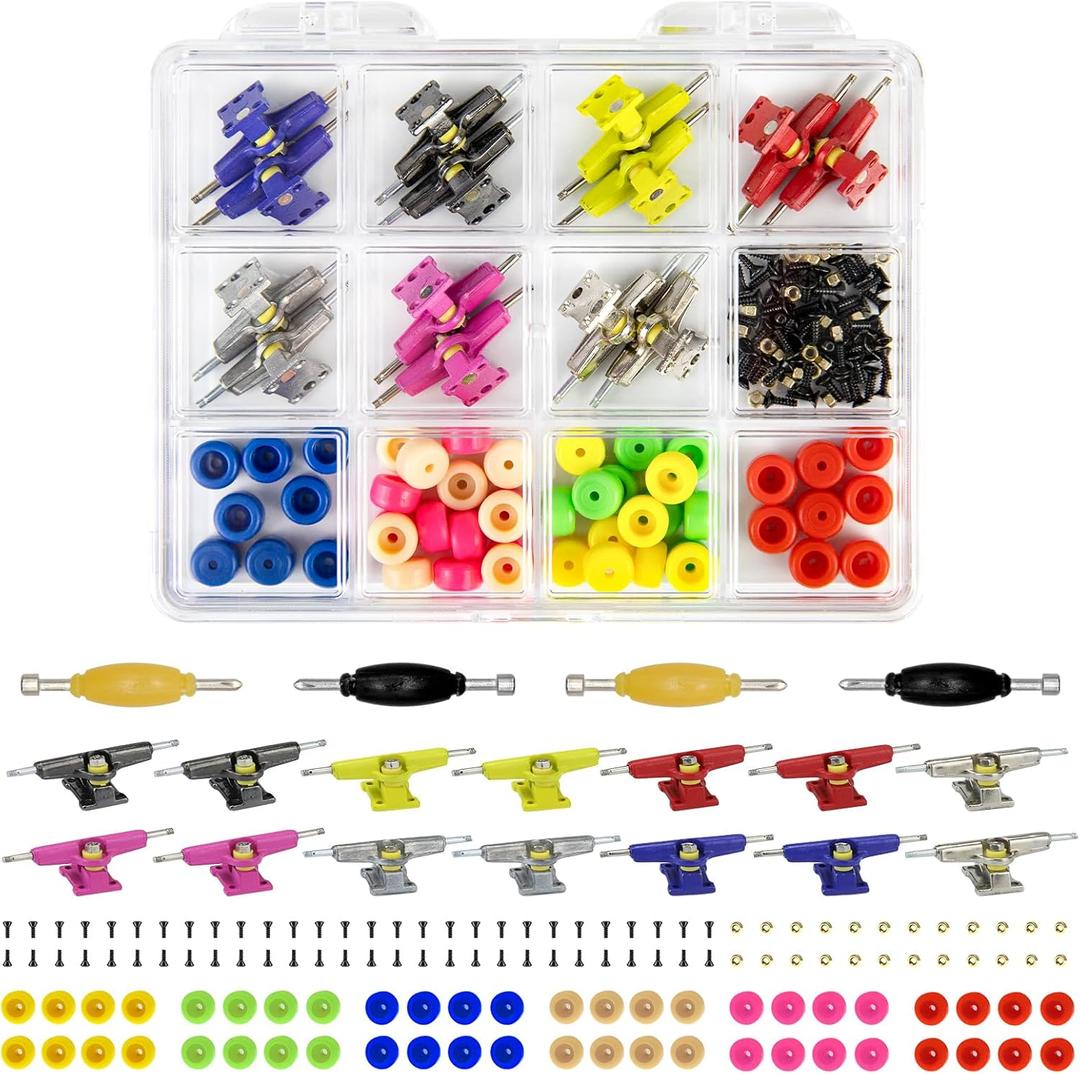 DisplayMore 14PCS Multicolour Trucks & 48PCS Wheels & 60PCS Screws & 30PCS Nuts & 4PCS Spanner Tool for 96mm Fingerboard Skateboard Wooden Deck Parts Kit Tool Case