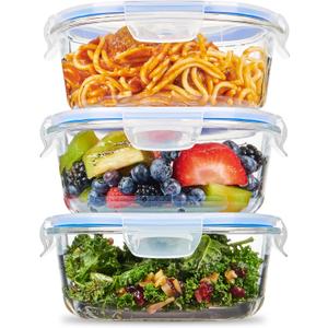 FineDine 6-Piece Superior Glass Food Storage Containers Set, 32oz Capacity - Newly Innovated Hinged Locking lids - 100% Leakproof Glass Meal-Prep Containers, Freezer-to-Oven-Safe (Blue)