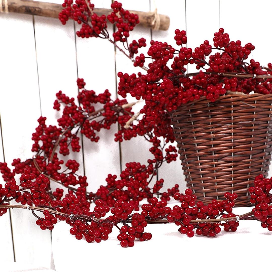 Christmas Red Pip Berry Garland, Artificial Red and Burgundy Berry Garland Decor for Winter Christmas Happy New Year Indoor Outdoor Home Fireplace Table Decorations(Mini Berry)-2PCS