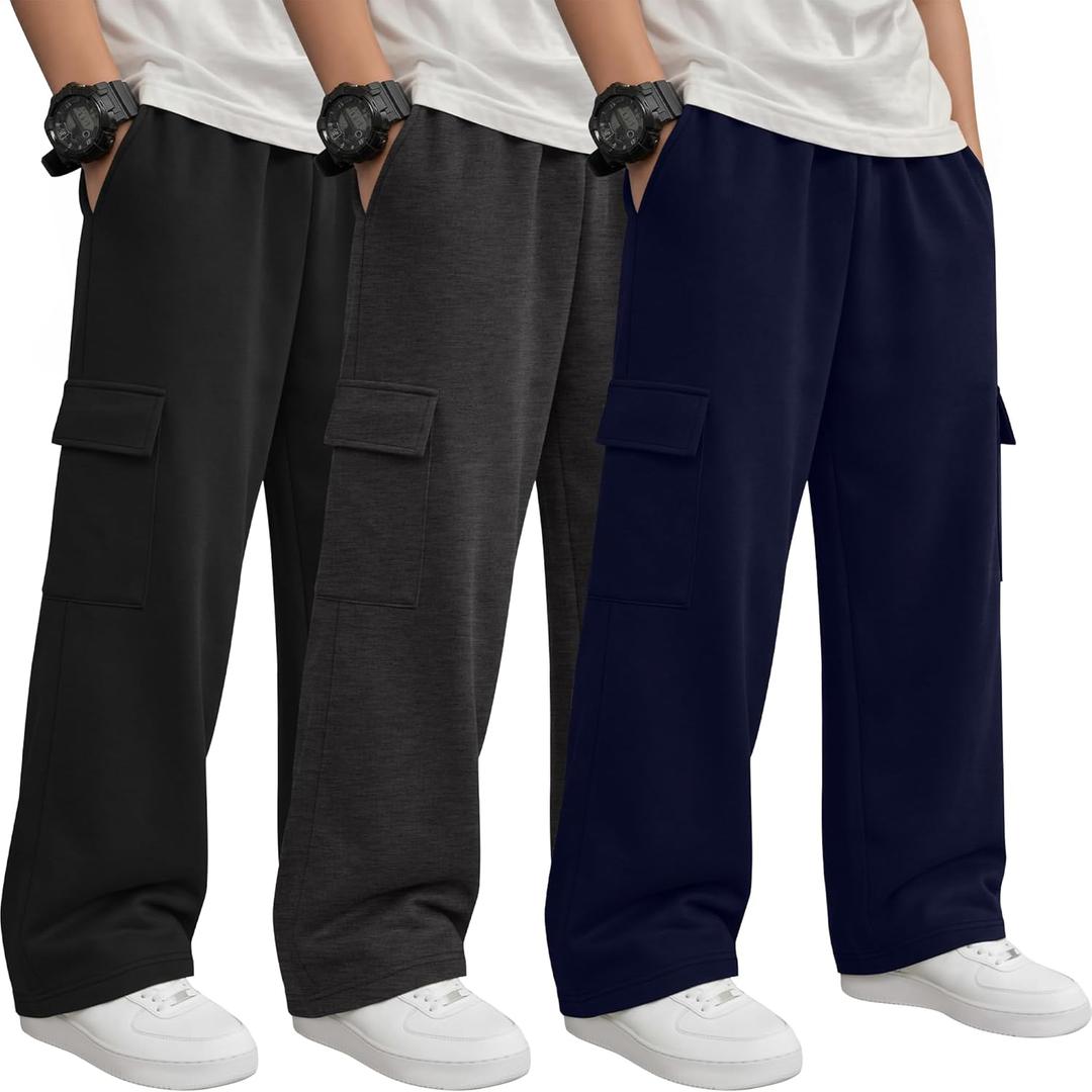 3 Pack Boys' Sweatpants Wide Leg Baggy Cargo Pants with 4 Pockets Kids Elastic Waist Straight Loose Joggers (Medium, Black, Dark Heather Gray, Navy Blue)