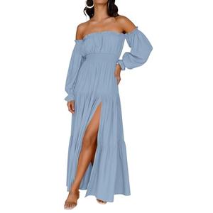 ZESICA Women's Boho Off Shoulder Spring Long Sleeve Dress 2026 High Waist Side Split Sexy Flowy A Line Long Maxi Dresses LightBlue Large
