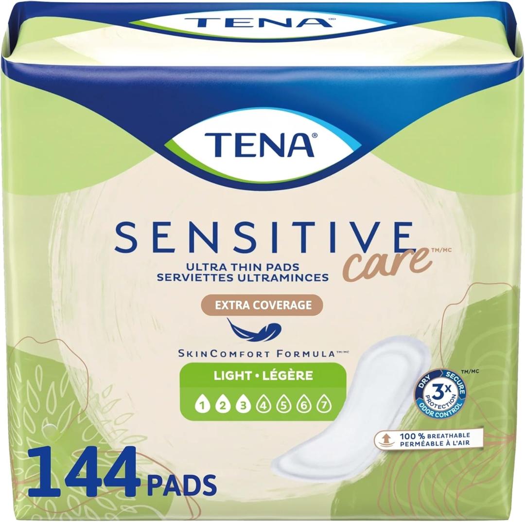 Tena Sensitive Care Ultra Thin Light Incontinence Pads for Women, Postpartum and Bladder Control, Regular, 144 Count (24 Count (pack of 6))