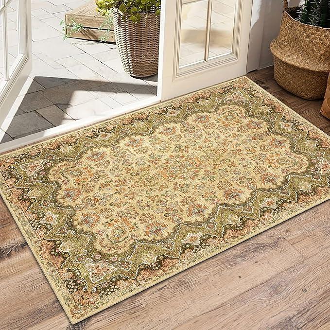 Hallway Runner Rug 3x5 Boho Rug, Green Washable Rug Non Slip Long Floral Rugs for Kitchen Entryway Bedroom Bathroom Living Room, Vintage Area Retro Soft Floor Carpet
