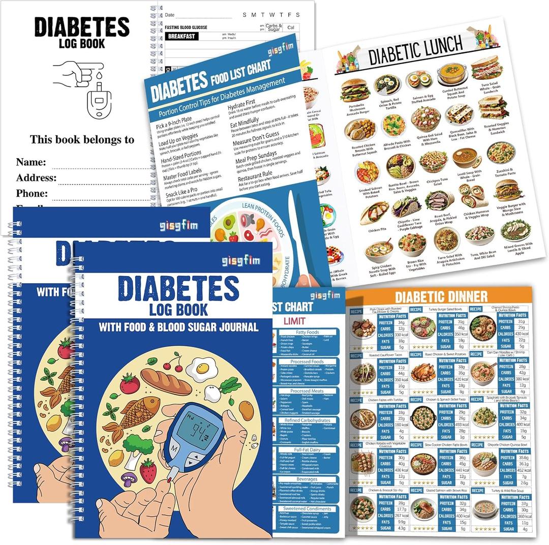 chiazllta Blood Sugar Tracking Set with 2 PCS Diabetes Log Book & 1 Diabetes Food Chart & 1 Meal Planner Spiral Bound Blood Glucose Log Book with Food & Blood Sugar Journal Diabetic-Friendly Recipes