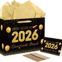 3 x HZRNNA Black and Gold 2026 Graduation Gift Bag, Large Congrats Grad Gift Bag with Card and Tissue Paper, Graduation Gift Wrap Bag for Class of 2026, Congrats Grad Party Decorations
