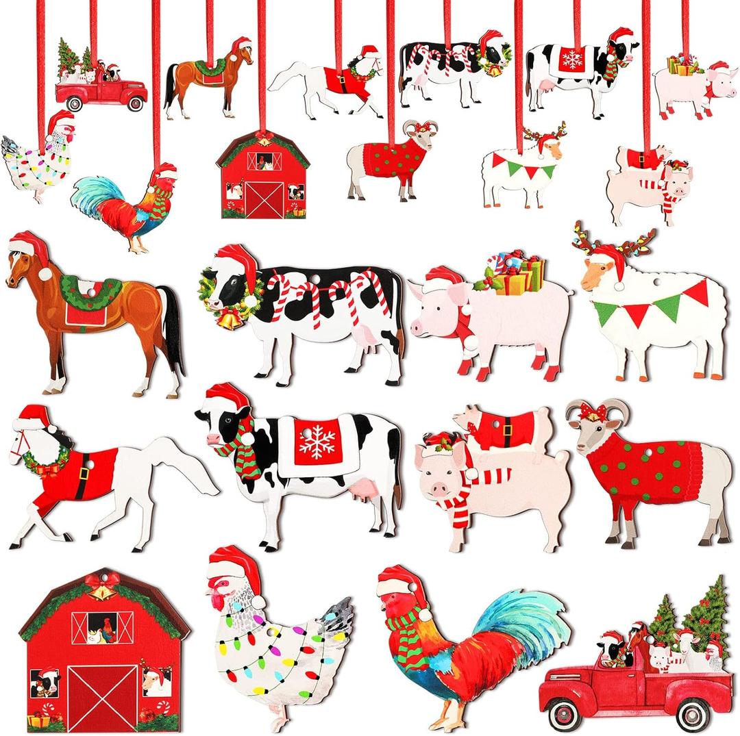 24 Pcs Wooden Farm Animal Christmas Ornaments Wooden Christmas Farmhouse Rustic Ornaments Hanging Red Truck Christmas Tree Decorations Cow Pig Rustic Christmas Decor Ornaments for Xmas Trees Crafts