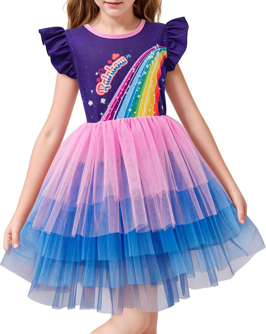 LQSZ Girls Tulle Dresses Princess Flutter Sleeve Tutu Dress for Toddler Girl 3-12 Years (B-blue)