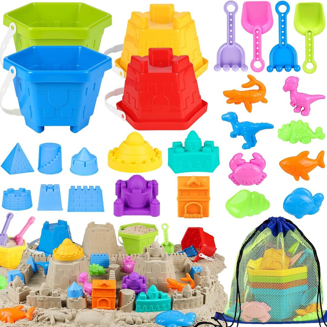 HUUIDY Beach Toys for Kids, Sand Toys with 4 Sand Buckets and Shovels for Kids, Sand Castle Building Kit with Mesh Bag & Molds, Travel Beach Essentials Sandbox Toys for Toddlers Boys Girls Age 4-12