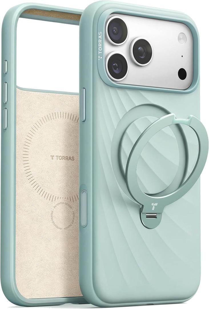 TORRAS Q3 Wind for iPhone 17 Pro Max Case Liquid Silicone, Fit for MagSafe, 360 Spin Magnetic Stand, Soft Grip, Camera Control, Protective Phone Case for iPhone 17 Pro Max Case, Aqua Blue