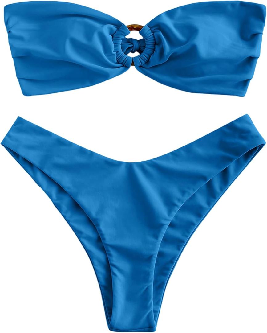 ZAFUL Women's Bandeau Bikini O Ring Strapless Tie Back High Cut Two Piece Swimsuit Bathing Suits (Medium, 0-deep Blue)