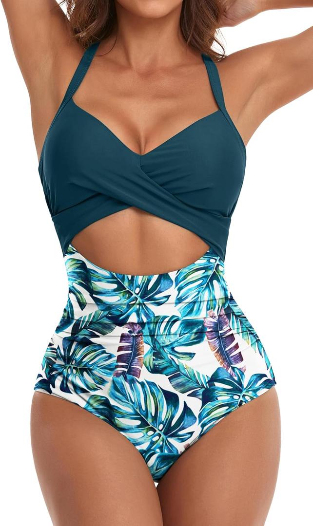 Eomenie Women's One Piece Swimsuits Tummy Control Cutout High Waisted Bathing Suit Wrap Tie Back 1 Piece Swimsuit (Medium, Blue Print 2)