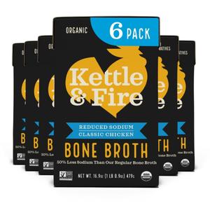 Kettle & Fire Organic Classic Chicken Bone Broth, Reduced Sodium, No Preservatives, Non GMO, 16.9 Ounces (Pack Of 6), BBD 19JUN 2027