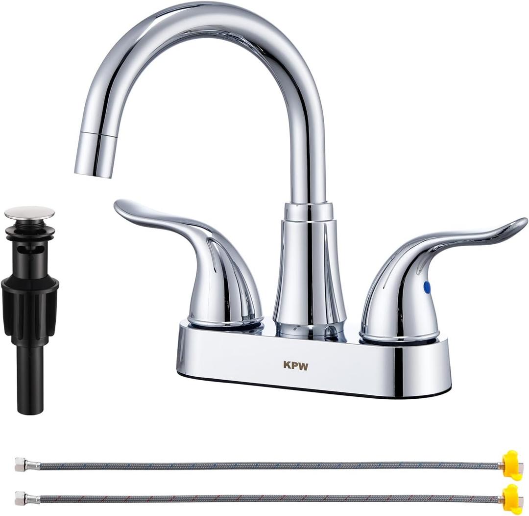 KPW Bathroom Sink Faucet 2 or 3 Hole Chrome Centerset 4 Inch Bathroom Sink Faucet 2 Handle Plating Over ABS Plastic Non-Metallic Lavatory Bathroom Faucet with Pop up Drain Water Supply Hoses (Two Handle, 5121 Chrome)