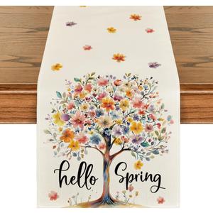 Artoid Mode Bloom Flower Tree 210 GSM Hello Spring Table Runner, Seasonal Summer Kitchen Dining Table Decoration for Home Party Decor 13x120 Inch