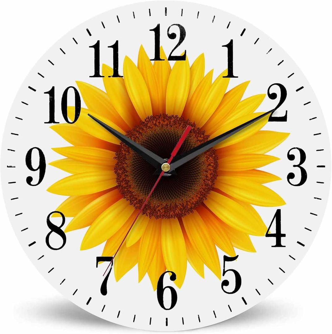 Mxocom Sunflower Flower Wall Clock Beautiful Yellow Floral Blooming Nature Bright 10 Inch Silent Non Ticking Battery Operated Clock Vintage Round Clock for Living Room Bedroom Bathroom Office Decor