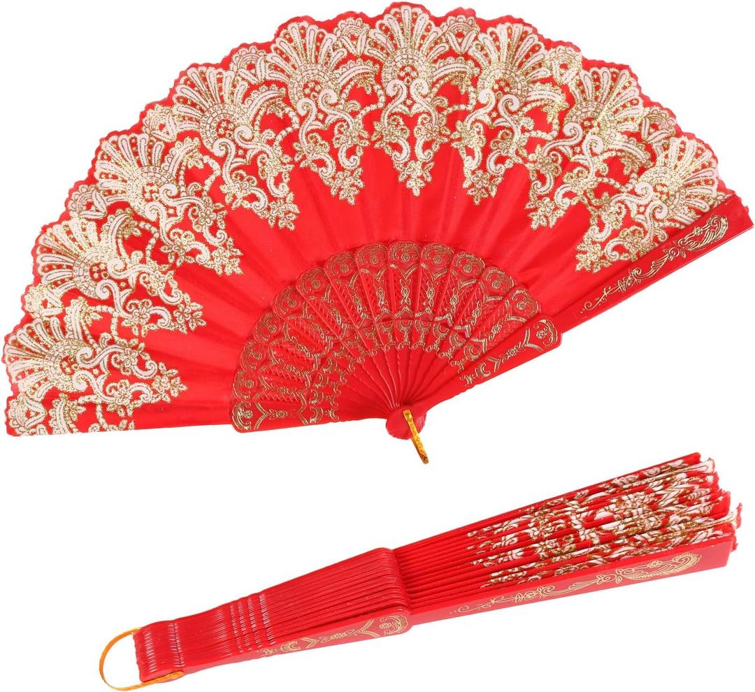 INNOLIFE Spanish Folding Retro Pattern Hand Fan for Women, Handheld Chinese Folding Fan Hand Fan for Party Dancing Wedding and Home Decoration (Red)