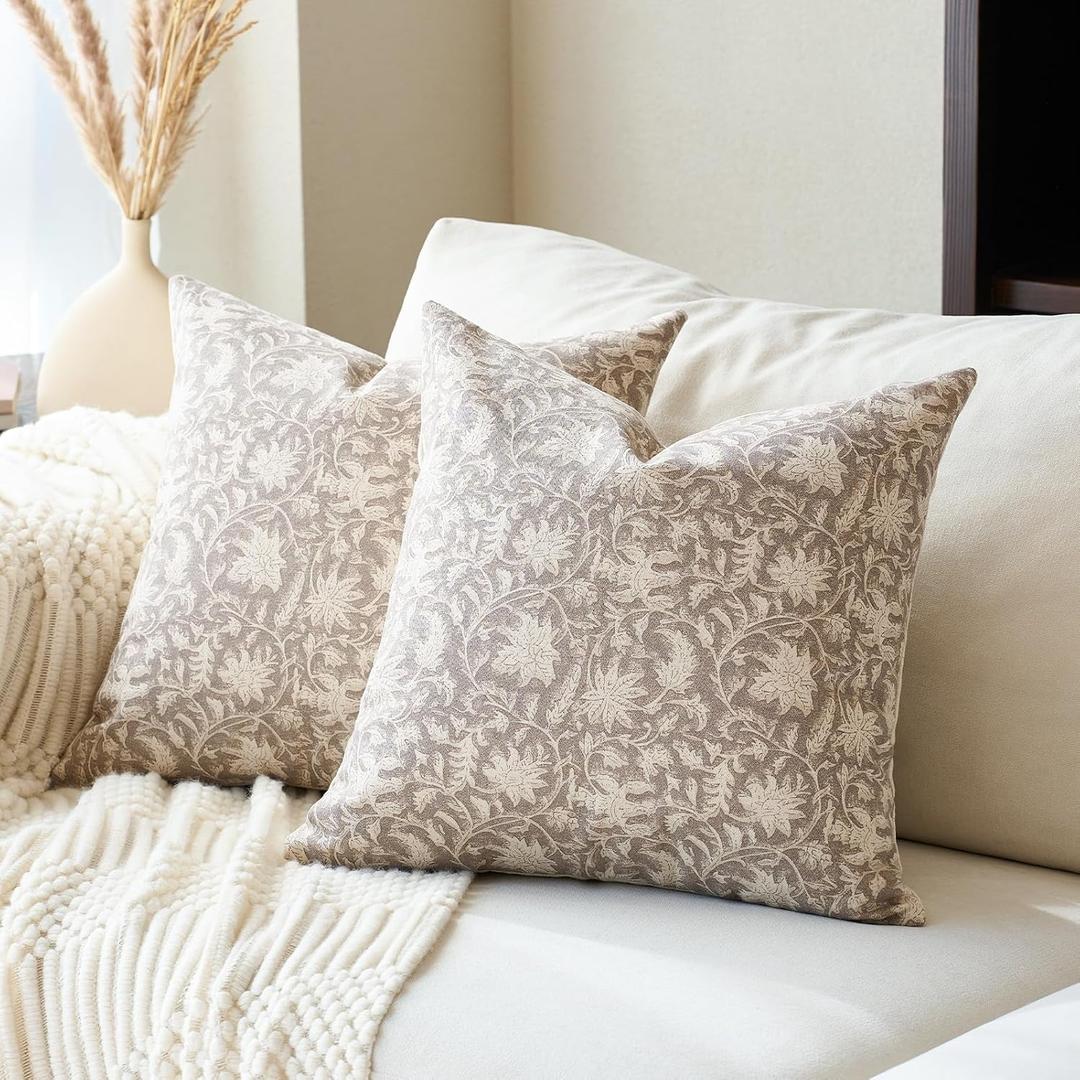 Floral Throw Pillow Covers 24x24 Farmhouse Block Print Pillow Covers Decorative Pillow Covers Couch Pillows for Living Room Vintage Accent Sofa Pillows Set of 2, Taupe Grey