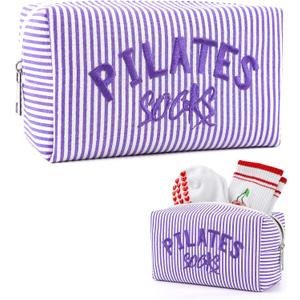 Pilates Grip Socks Bag Embroidered Seersucker Pouch for Women | Cute Makeup Cosmetic Organizer and Gym Bag Accessory for Barre Yoga Reformer, Pilates Princess Gifts in Purple Stripe