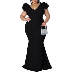Women's Plus Size Maxi Dress Elegant V-Neck Ruffle Sleeves Bodycon Mermaid Dresses Evening Gown 3XL