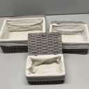 GIB Small Wicker Storage Baskets with Lids and Liner, Rectangular Paper Rope Woven Baskets for Organizing, Decorative Boxes Boho Decor for Shelves Table Desktop Makeup Organizer, Set of 3, Grey