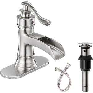 Waterfall Bathroom Faucet Bathroom Sink Faucet Farmhouse Single Handle 1 Hole with Pop Up Drain Assembly Vanity Water Supply Hose, Brushed Nickel