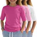 Oakgarden 3 Pack Girls Short Sleeve T Shirts Kids Summer Crewneck Basic Tops Tween Cute Slim Fitted Tees 5-14 Years(Rose Red, Pink, White,13-14 Years)