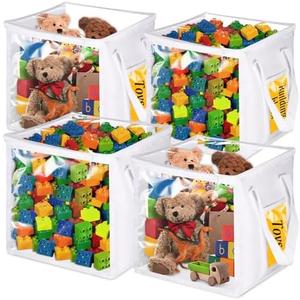 EVELOMO 4 Pack 12" Toy Storage Bins, Extra Large Cube Toy Organizers, Foldable PVC Boxes with Handles & Zipper, Toy Organizer for Kids Playroom, Blocks, Clothes, Stuffed Animal Storage(White)
