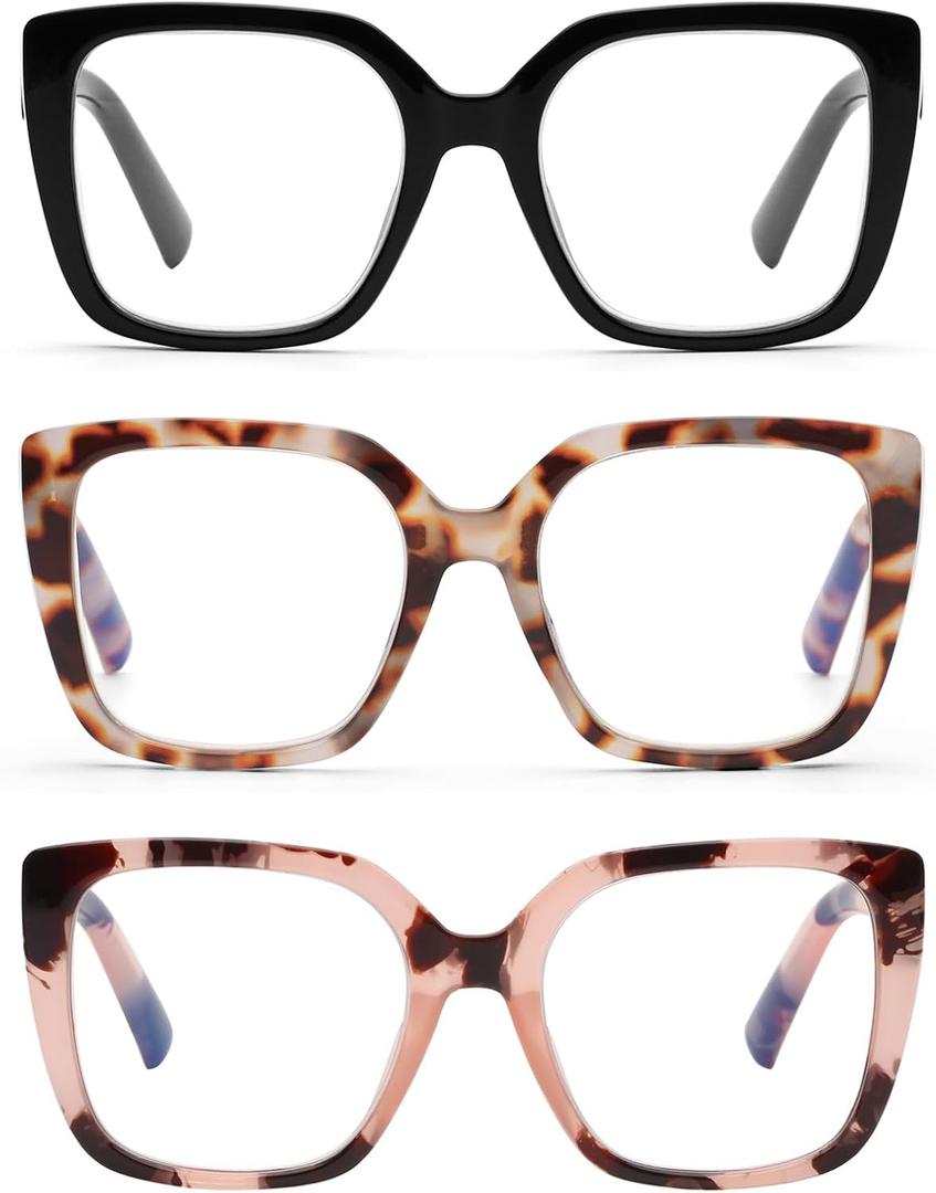DOOViC 3 Pack Oversized Reading Glasses for Women Blue Light Blocking Square Stylish Computer Readers