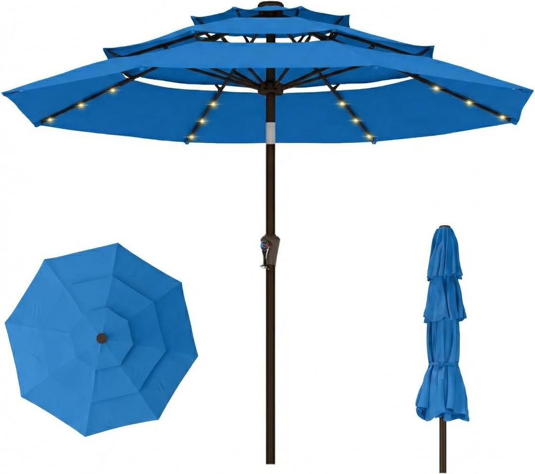 10ft 3-Tier Patio Umbrella with 32 Solar Powered LED Lights, Windproof Outdoor Market Umbrella for Deck, Poolside & Garden, Sturdy Push-Button Tilt Table Umbrella, Royal Blue