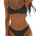 MakeMeChic Women's Polka Dots Thong Bikini Sets High Cut Micro Sexy Bathing Suit Swimsuit Black Medium