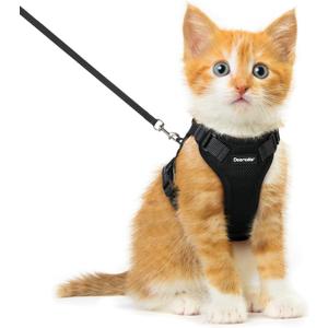 Dooradar Cat Harness and Leash Set, Escape Proof Safe Adjustable Kitten Vest Harnesses for Walking, Easy Control Soft Breathable Mesh Jacket with Reflective Strips for Cats, Black, XXS