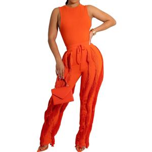 EDITCOZY Women Sexy Two Piece Outfits Fringe Pants Set Tassel Club 2 Piece Sets Going Out Birthday Party Night (Small, Orange)