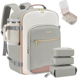 LOVEVOOK 40L Travel Backpack for Women & Men, Airline Approved Carry On Luggage with 3 Packing Cubes, TSA Overnight Bags, Waterproof Personal Item Bag, Weekender Essentials Backpacks fits 17" Laptop (Light Grey-beige-pink)