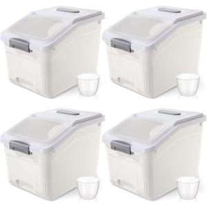 Blushtier 4 Pack Large Rice Storage Containers 30 Lbs Airtight Flour Container with Seal Locking Lid and Measuring Cup Kitchen Dry Food Storage Bins for Cereal Sugar Beans (Creamy White)