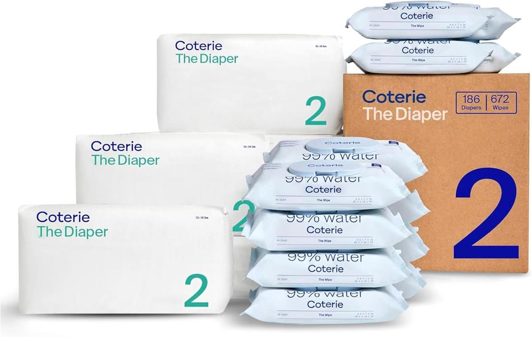 Coterie Baby Wipes + Diapers Kit, Size 2 Diapers (186 Count) & 12 Pack (672 Count) Baby Wipes with 99% Water, Plant Based Materials, Hypoallergenic for Sensitive Skin