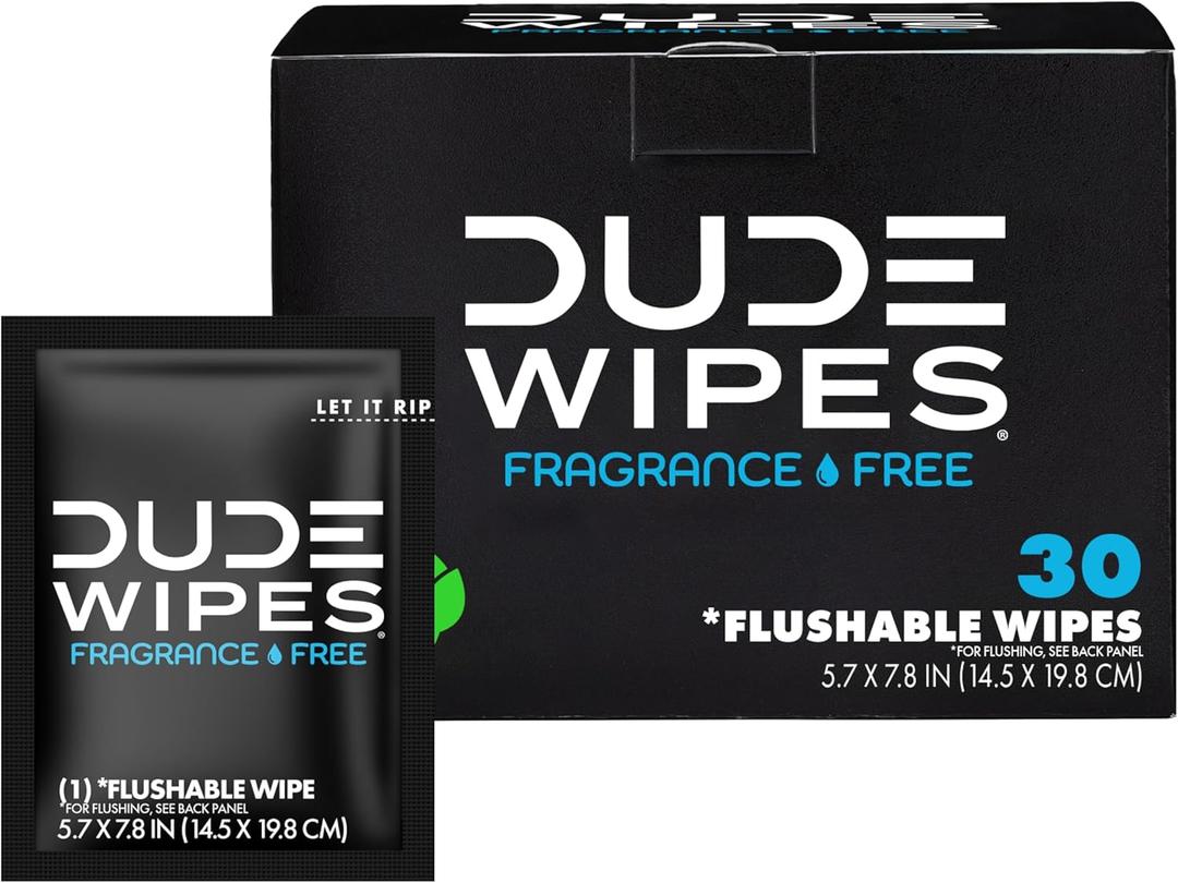 DUDE Wipes On-The-Go Flushable Wipes - 1 Pack, 30 Count - Unscented Extra-Large Individually Wrapped with Vitamin E & Aloe - Septic and Sewer Safe